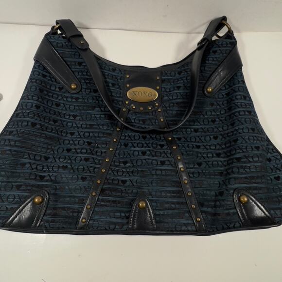 Large Vintage XOXO Hobo Blue Black Letters Brass Studded Y2K Zippered Tote Bag - Picture 14 of 16